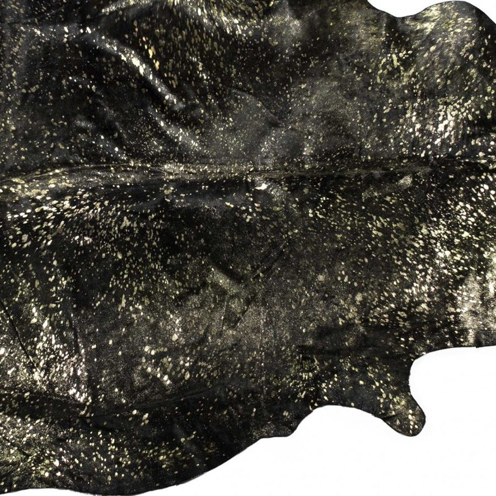5' X 7' Black And Gold Cowhide Cowhide Print Area Rug-Area Rugs-DECOROLALA