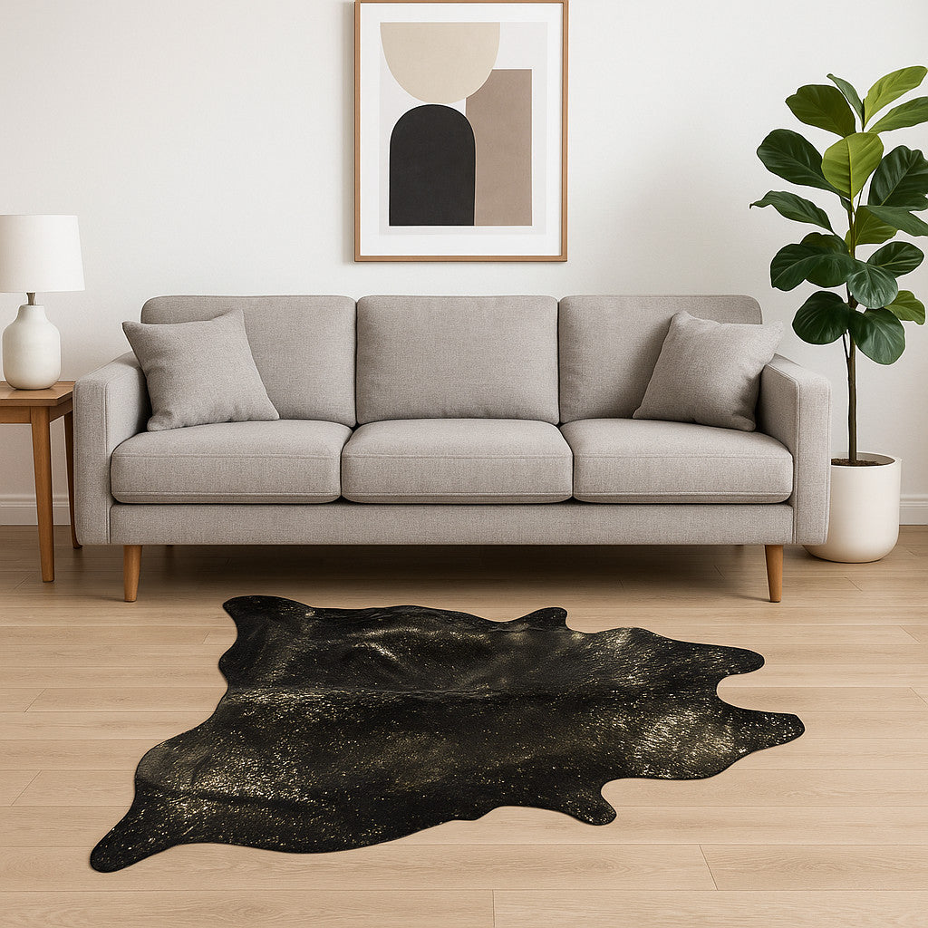 5' X 7' Black And Gold Cowhide Cowhide Print Area Rug-Area Rugs-DECOROLALA