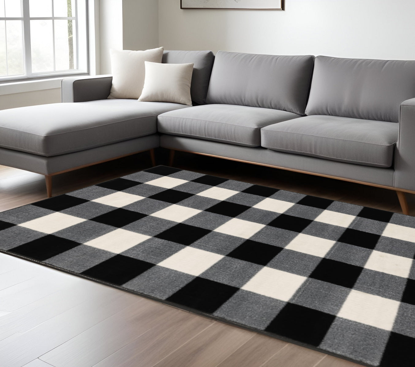 5' X 7' Black And Ivory Gingham Area Rug-Area Rugs-DECOROLALA