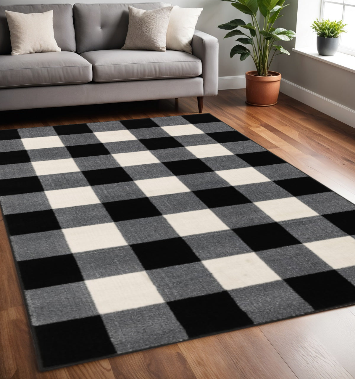 5' X 7' Black And Ivory Gingham Area Rug-Area Rugs-DECOROLALA