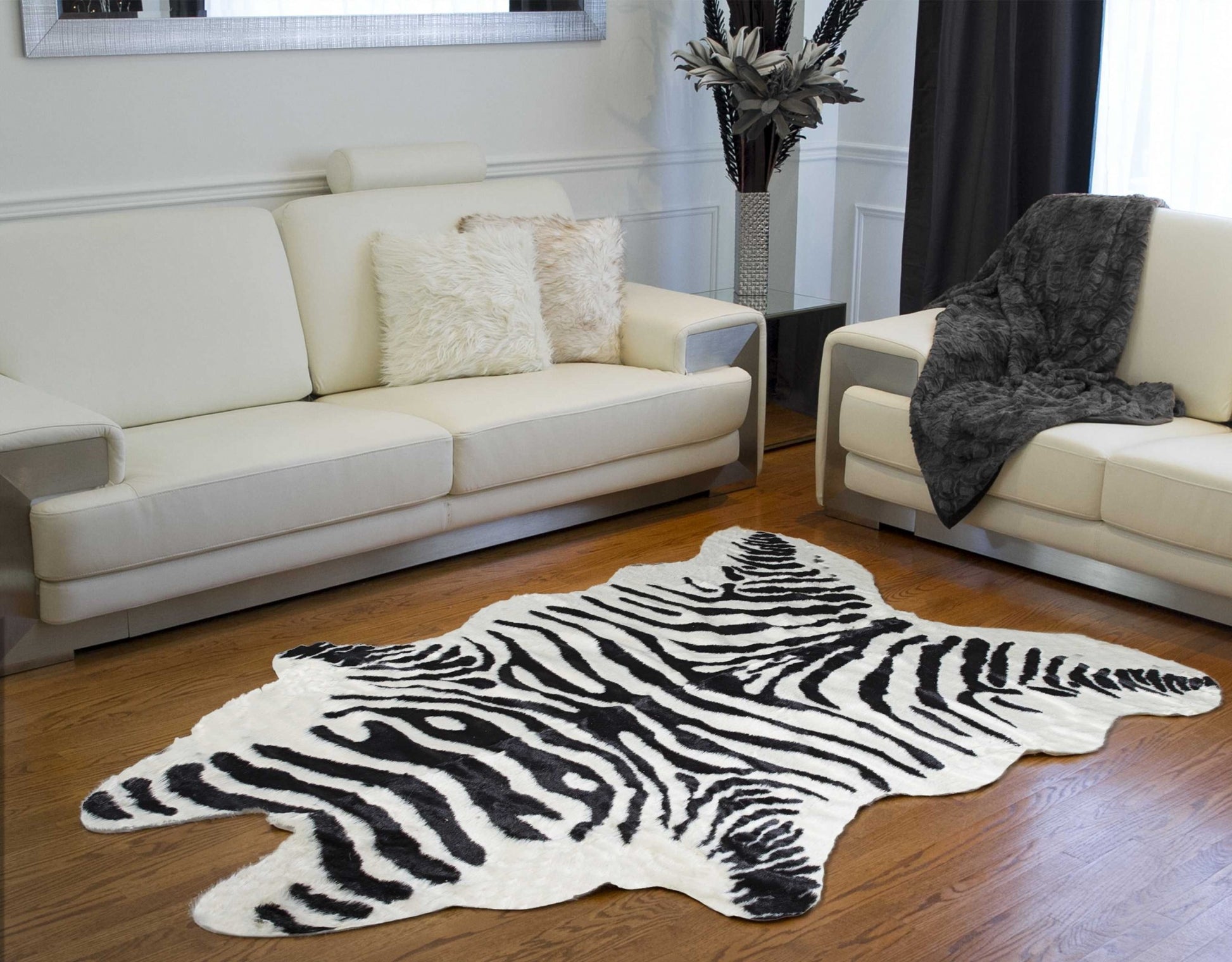 5' X 7' Black And White Faux Cowhide Zebra Print Area Rug-Area Rugs-DECOROLALA