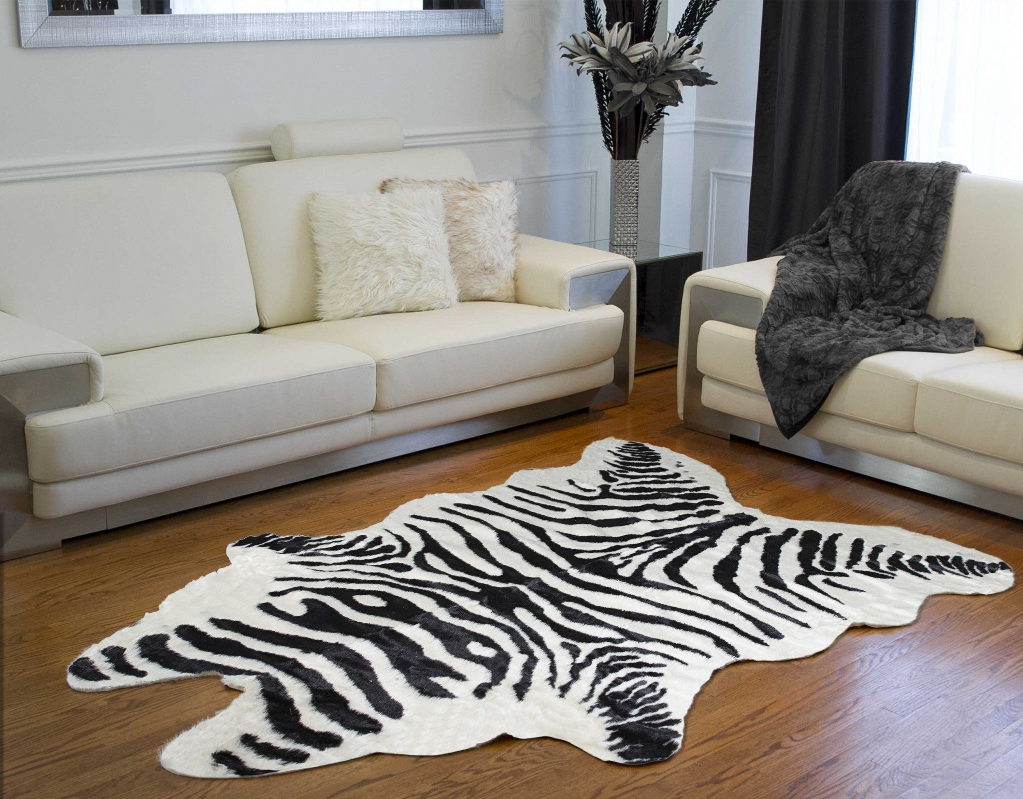 5' X 7' Black And White Faux Cowhide Zebra Print Area Rug-Area Rugs-DECOROLALA