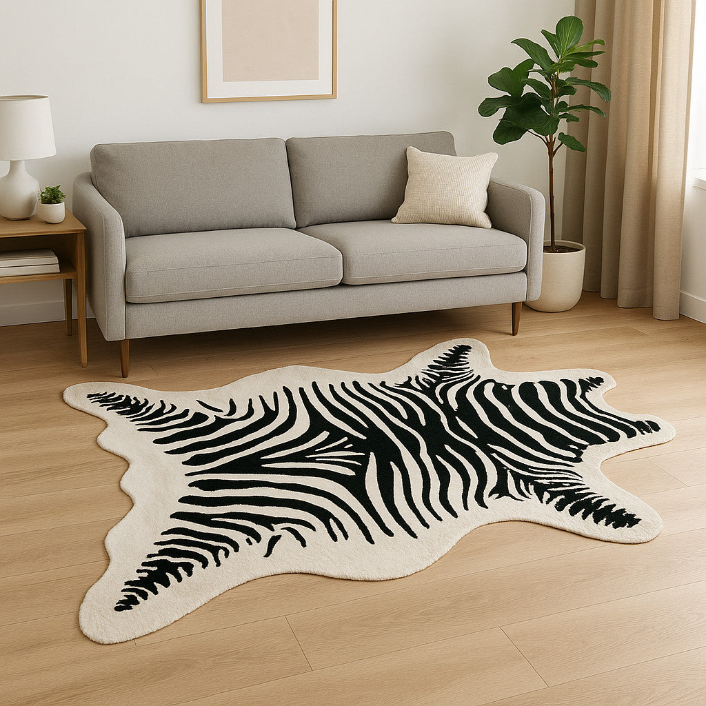 5' X 7' Black And White Faux Cowhide Zebra Print Area Rug-Area Rugs-DECOROLALA