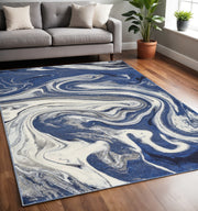 5' X 7' Blue And Beige Abstract Area Rug-Area Rugs-DECOROLALA