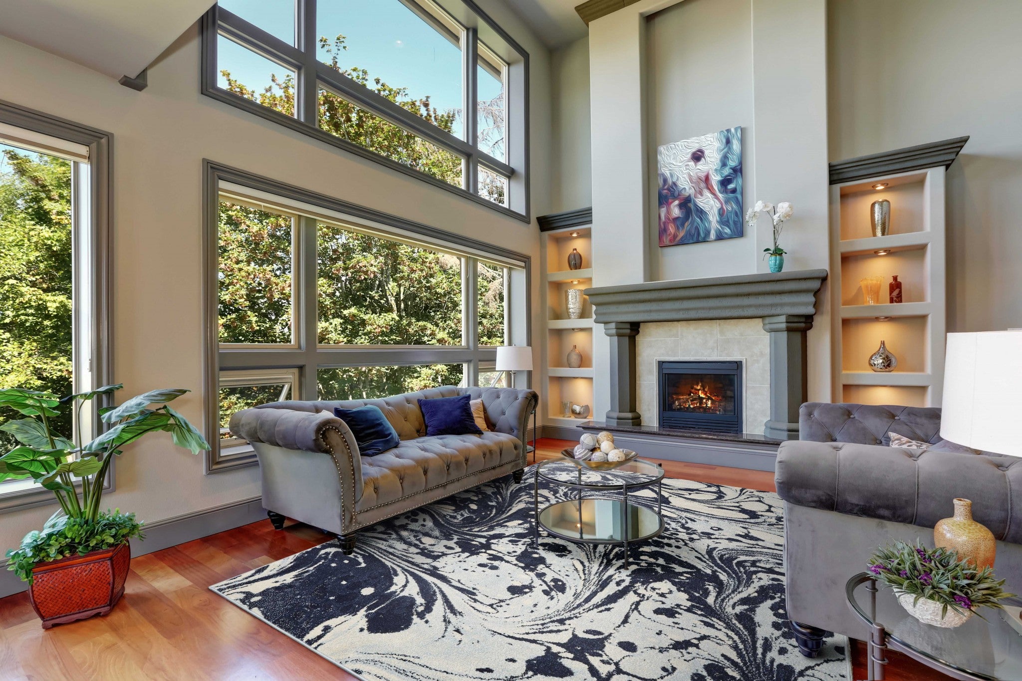 5' X 7' Blue And Ivory Abstract Area Rug-Area Rugs-DECOROLALA