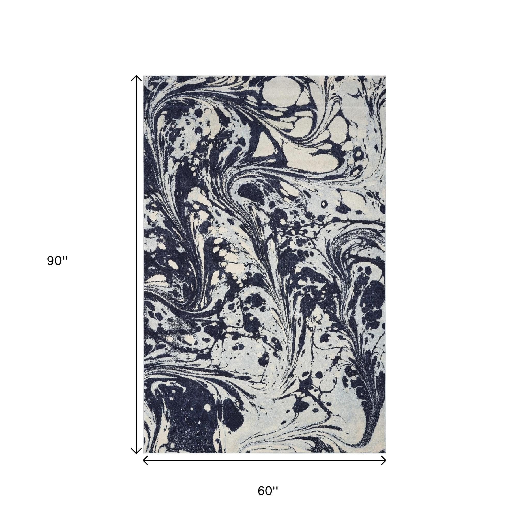 5' X 7' Blue And Ivory Abstract Area Rug-Area Rugs-DECOROLALA