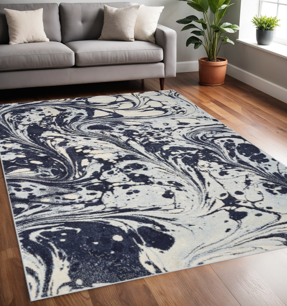 5' X 7' Blue And Ivory Abstract Area Rug-Area Rugs-DECOROLALA