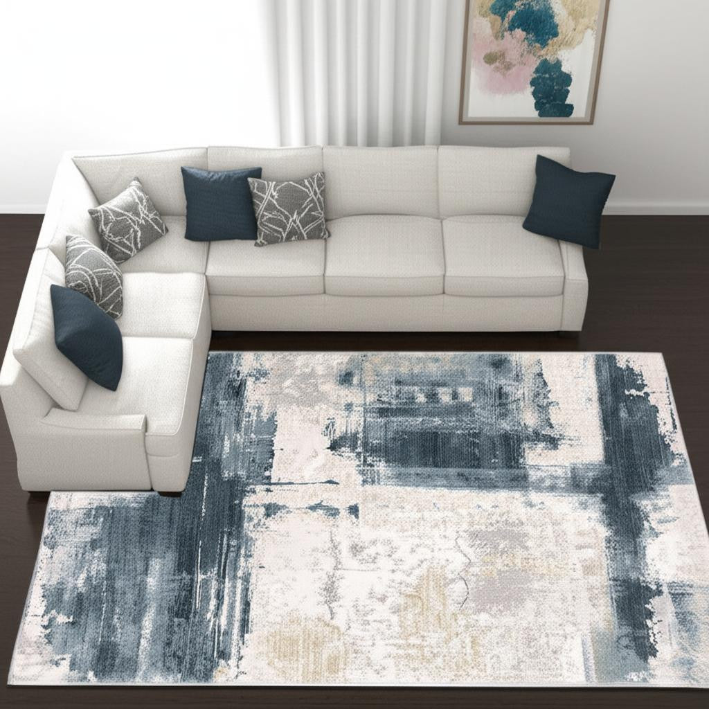 5' X 7' Blue And Ivory Abstract Dhurrie Area Rug-Area Rugs-DECOROLALA