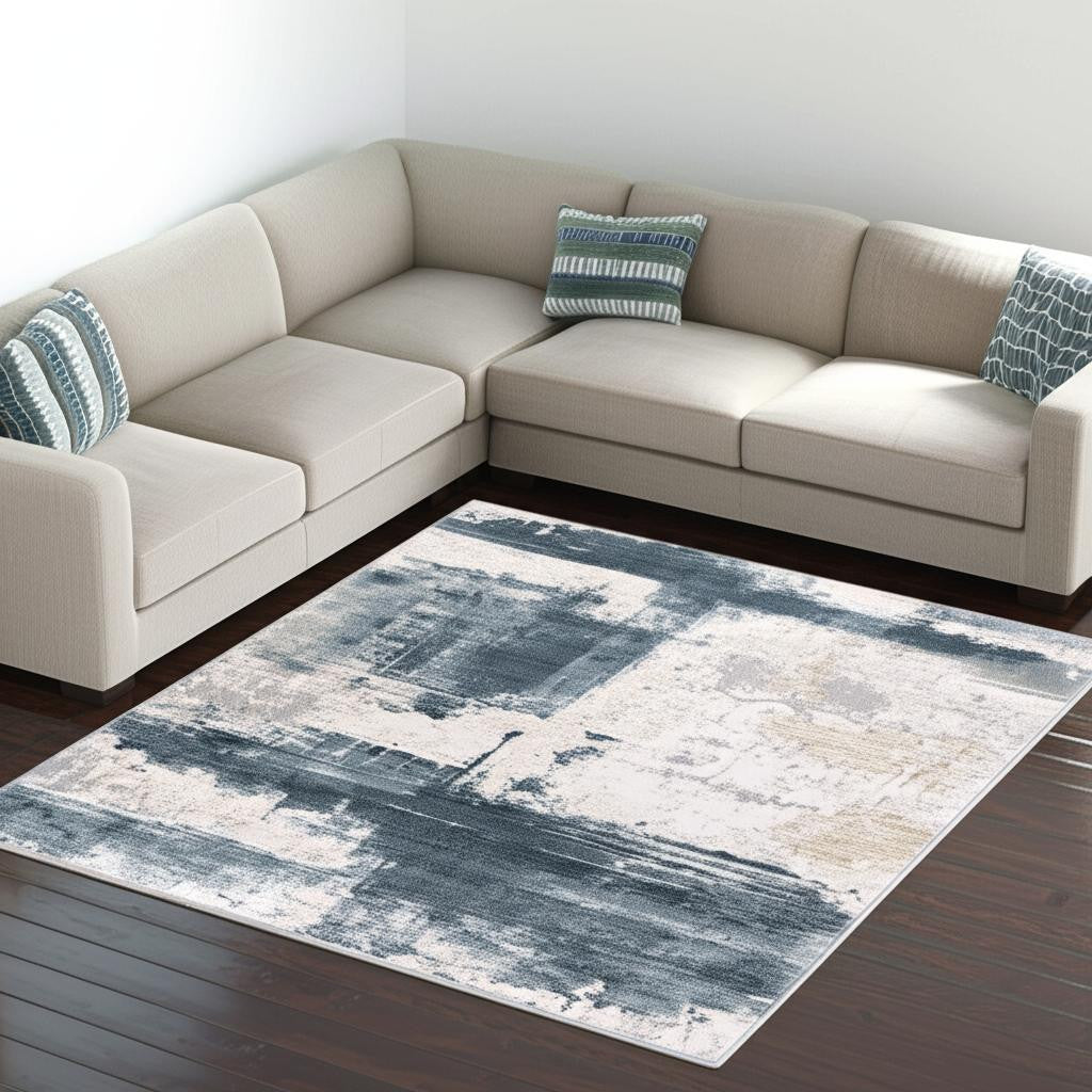 5' X 7' Blue And Ivory Abstract Dhurrie Area Rug-Area Rugs-DECOROLALA