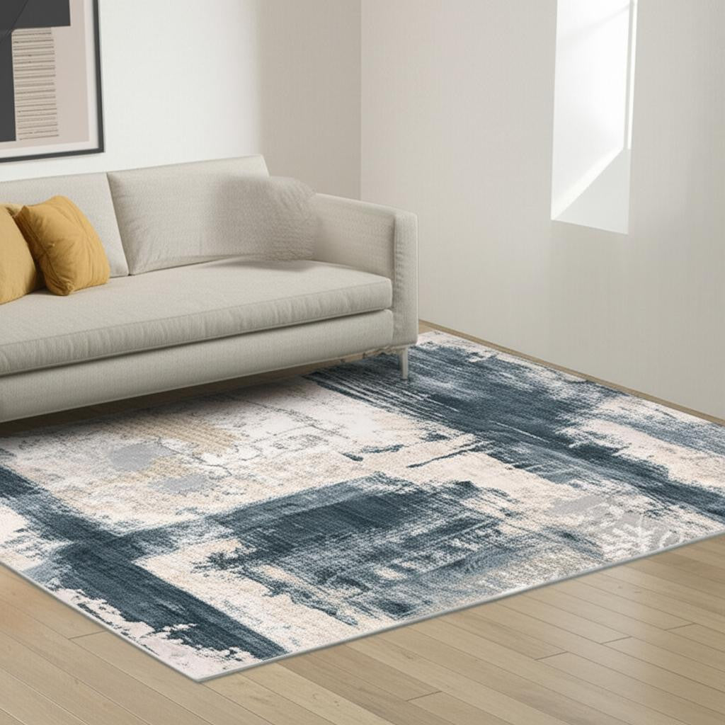 5' X 7' Blue And Ivory Abstract Dhurrie Area Rug-Area Rugs-DECOROLALA