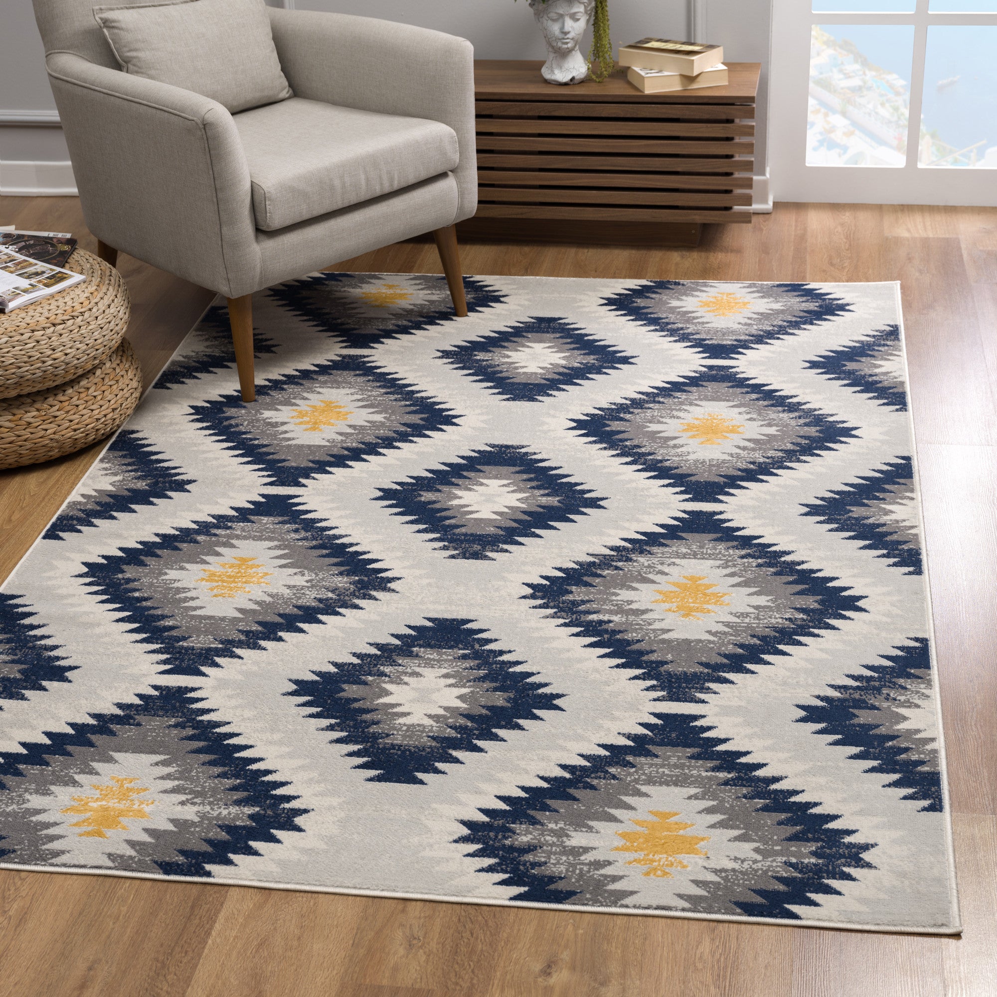 5' X 7' Blue Ikat Kilim Area Rug-Area Rugs-DECOROLALA