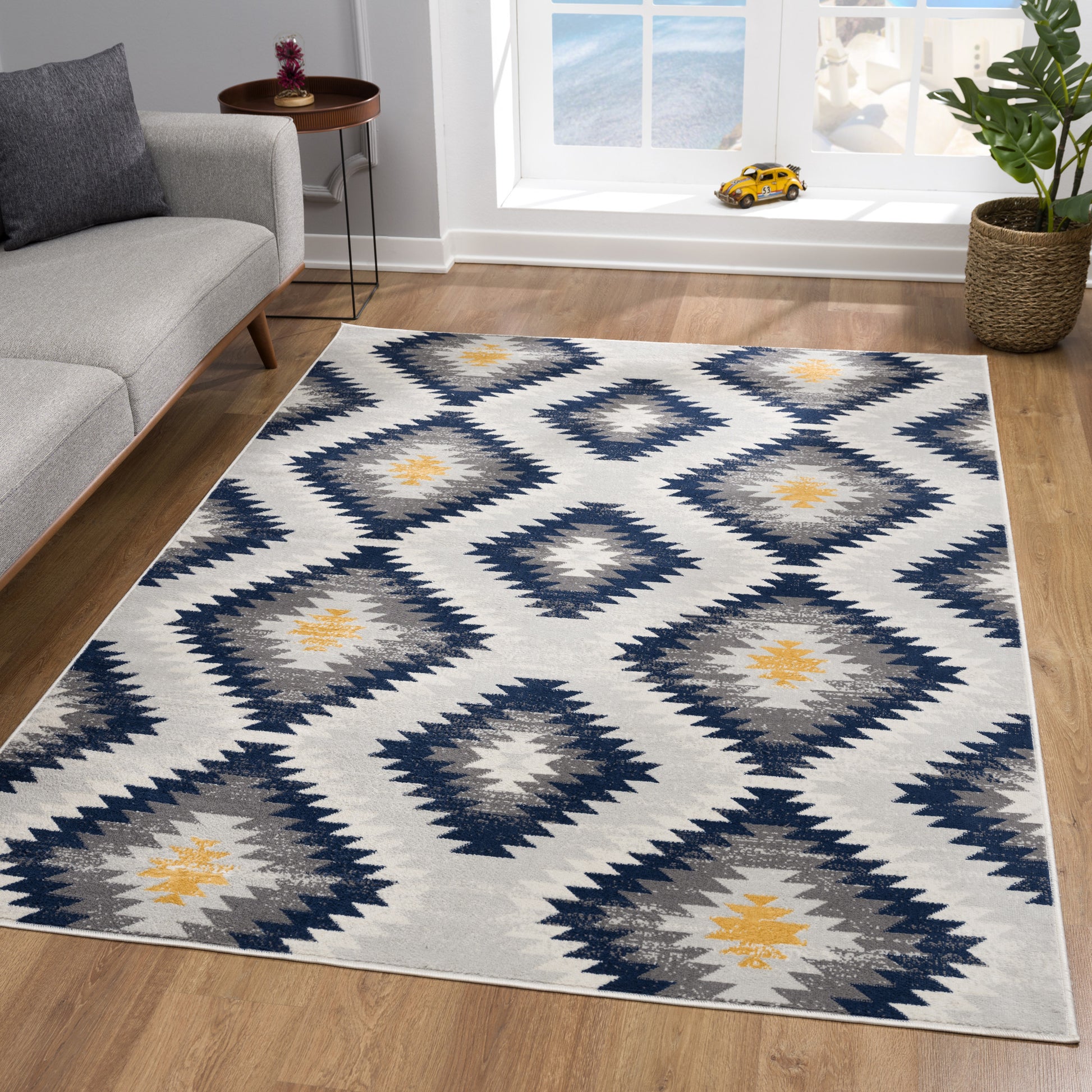 5' X 7' Blue Ikat Kilim Area Rug-Area Rugs-DECOROLALA