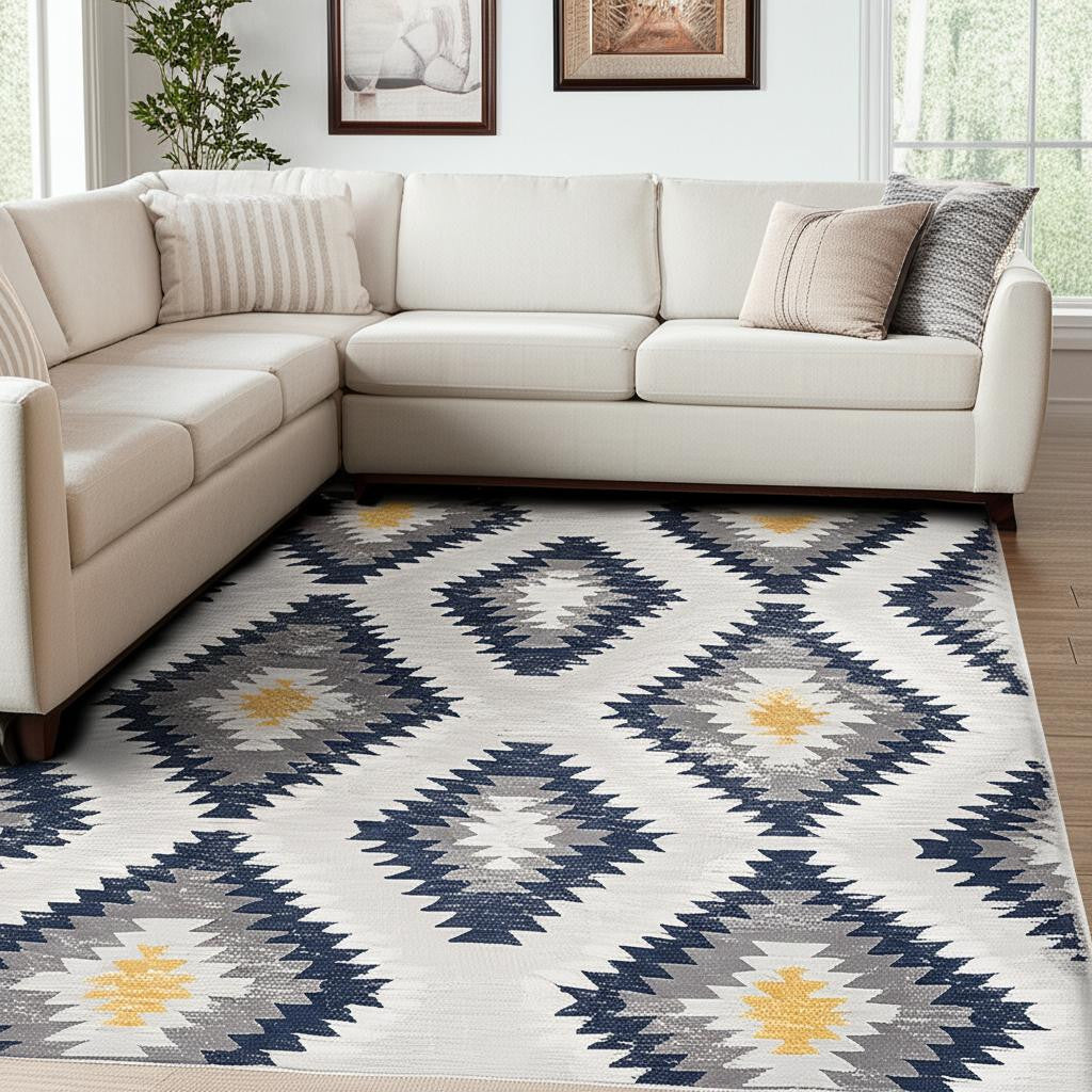 5' X 7' Blue Ikat Kilim Area Rug-Area Rugs-DECOROLALA
