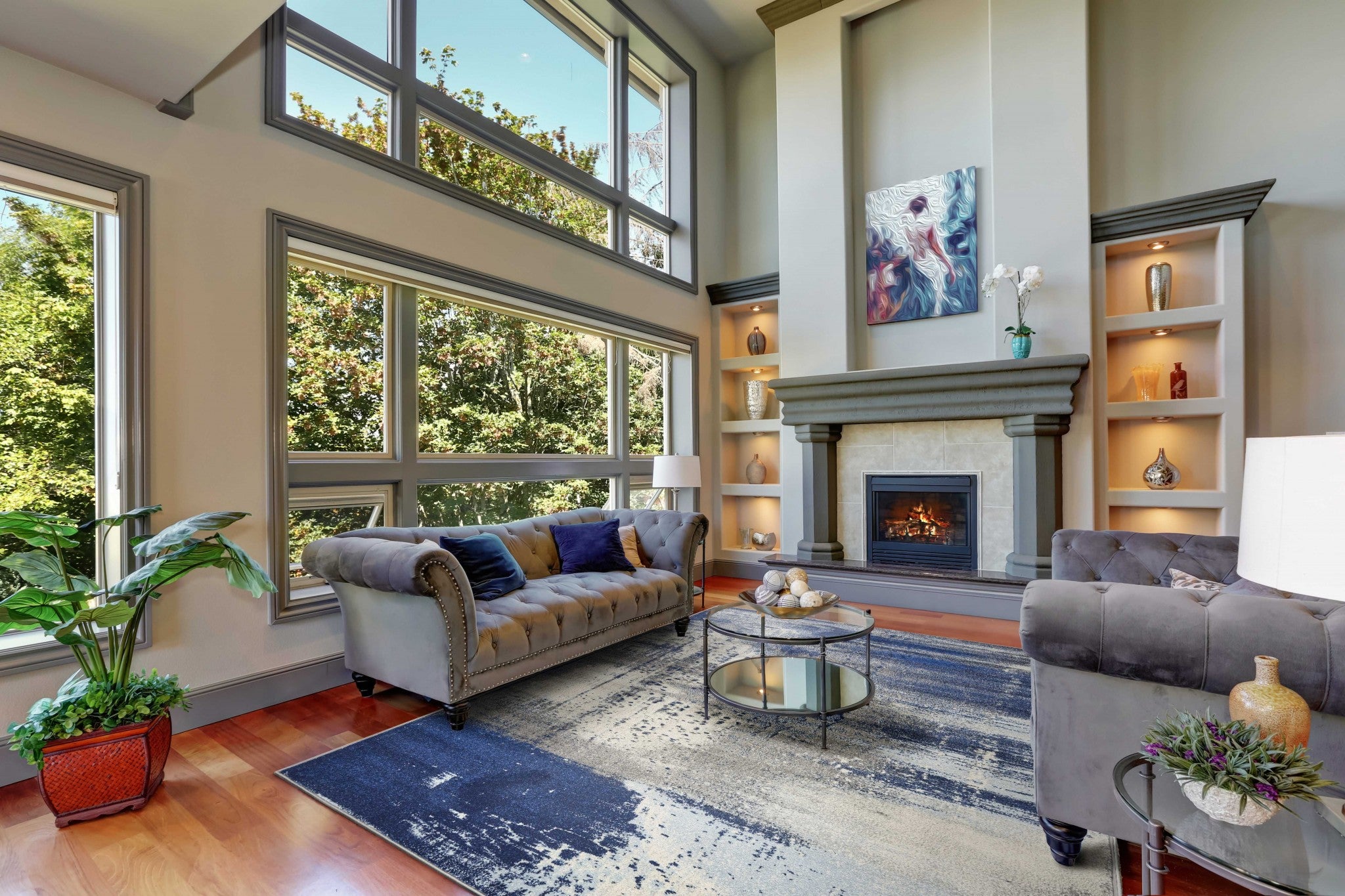 5' X 7' Blue Ivory And Gray Abstract Area Rug-Area Rugs-DECOROLALA