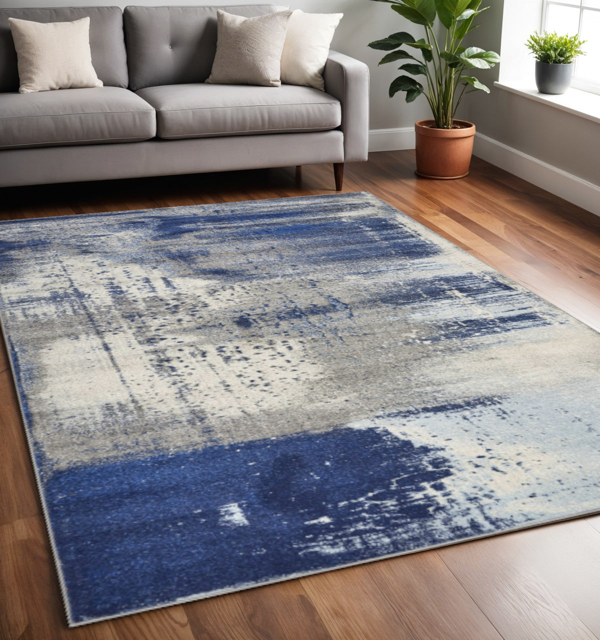 5' X 7' Blue Ivory And Gray Abstract Area Rug-Area Rugs-DECOROLALA