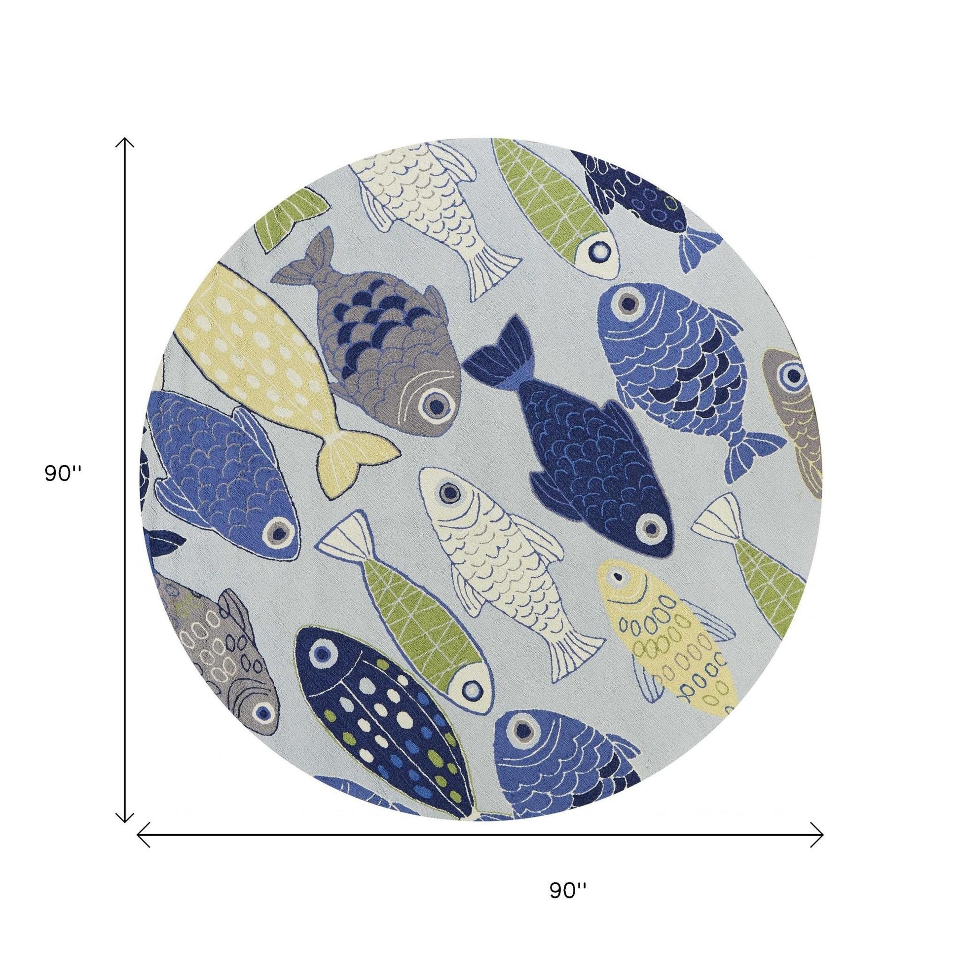 5' X 7' Blue Ivory And Green Fish Hand Hooked Area Rug-Area Rugs-DECOROLALA