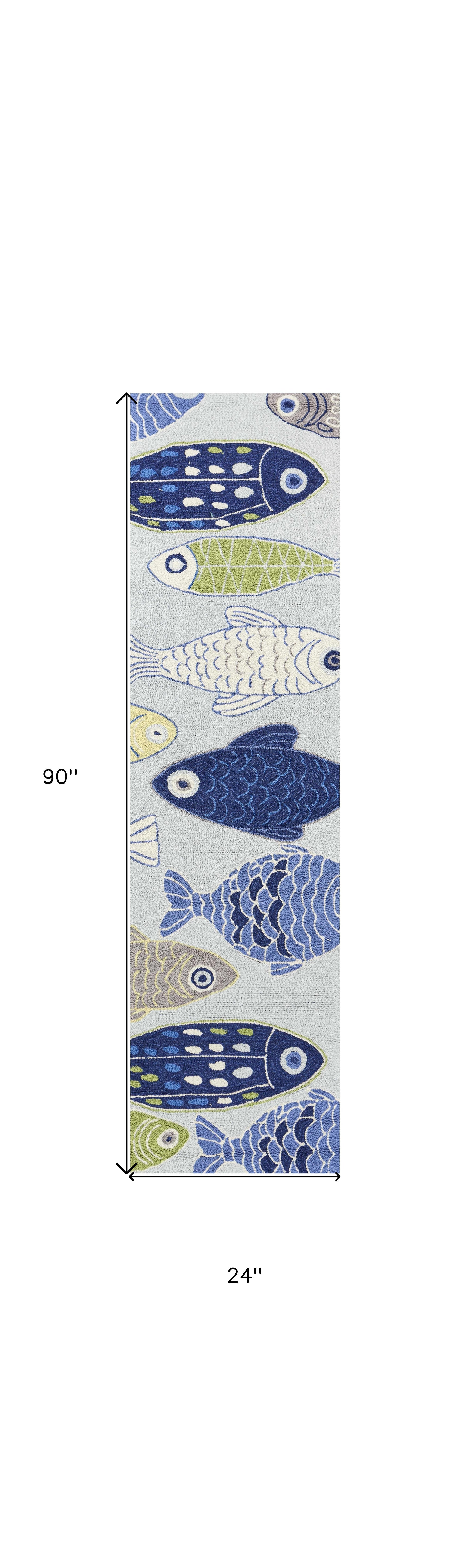 5' X 7' Blue Ivory And Green Fish Hand Hooked Area Rug-Area Rugs-DECOROLALA