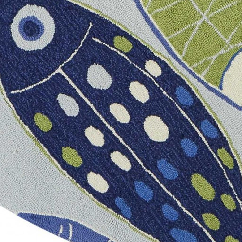 5' X 7' Blue Ivory And Green Fish Hand Hooked Area Rug-Area Rugs-DECOROLALA