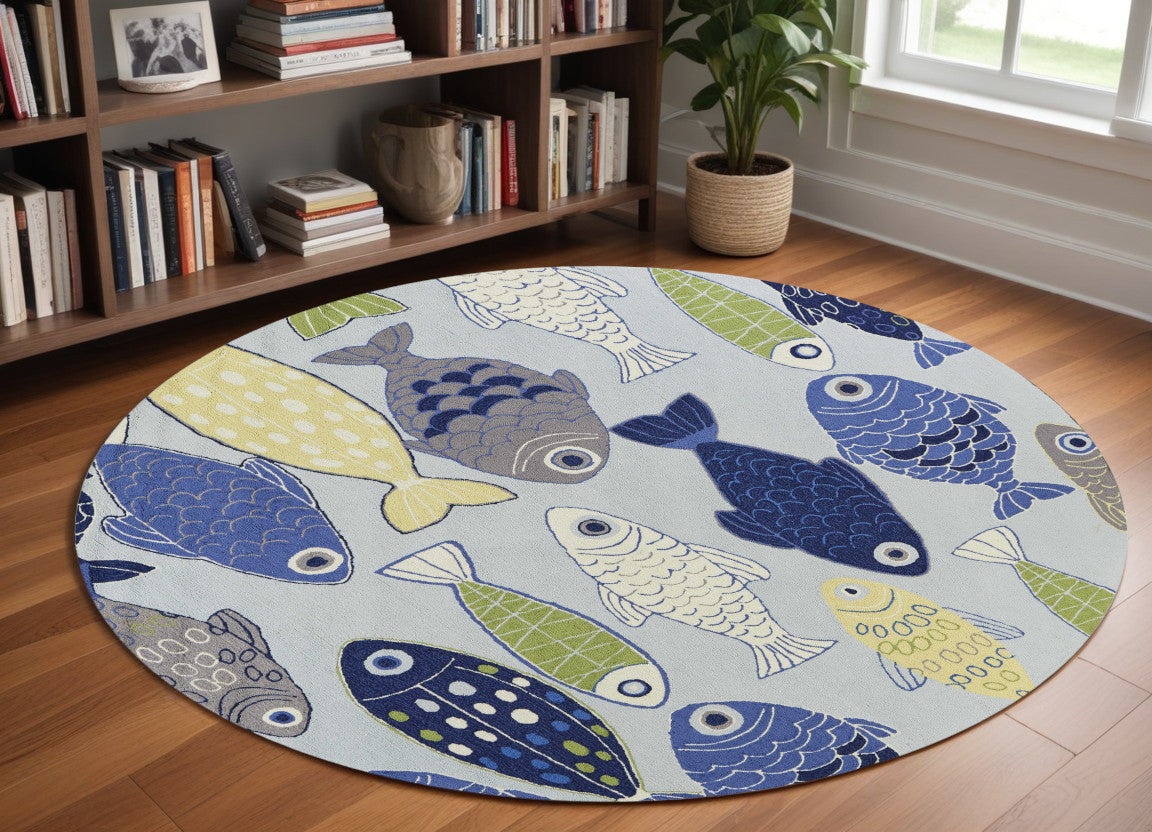 5' X 7' Blue Ivory And Green Fish Hand Hooked Area Rug-Area Rugs-DECOROLALA