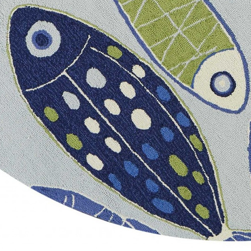 5' X 7' Blue Ivory And Green Fish Hand Hooked Area Rug-Area Rugs-DECOROLALA