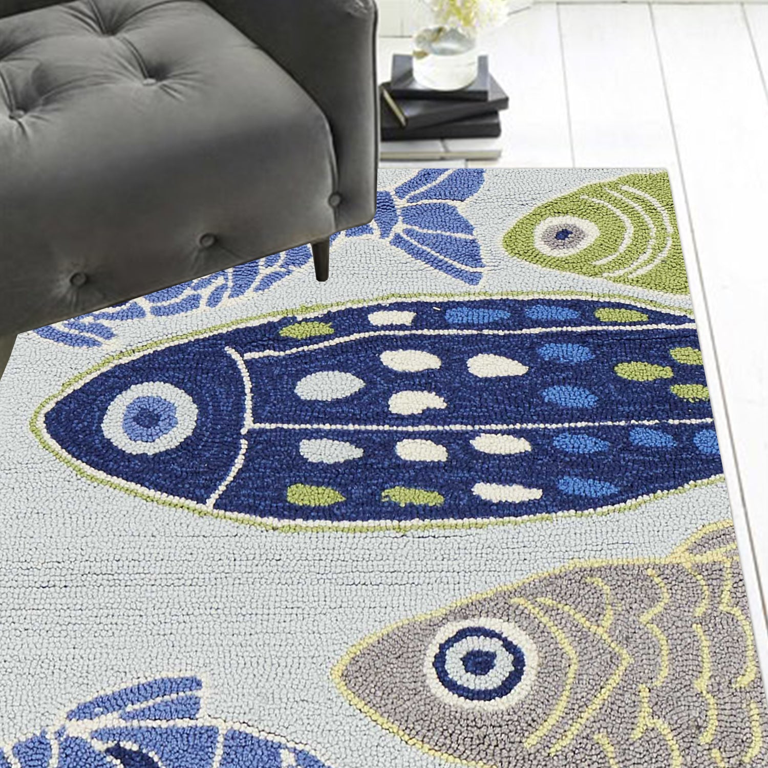 5' X 7' Blue Ivory And Green Fish Hand Hooked Area Rug-Area Rugs-DECOROLALA