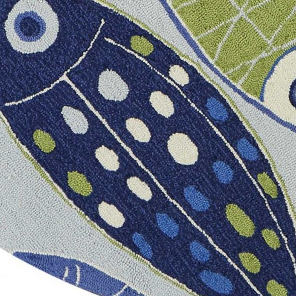5' X 7' Blue Ivory And Green Fish Hand Hooked Area Rug-Area Rugs-DECOROLALA