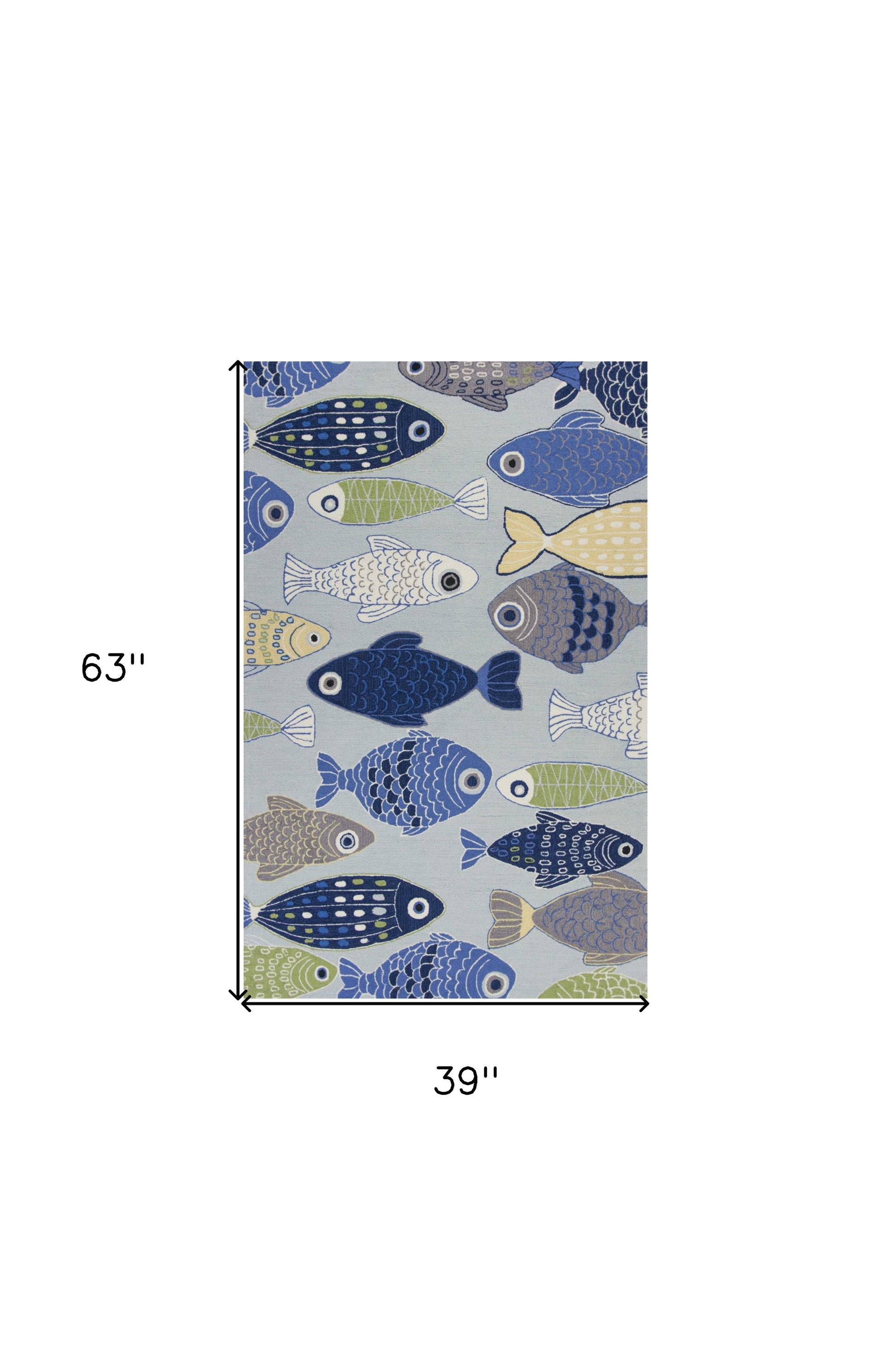 5' X 7' Blue Ivory And Green Fish Hand Hooked Area Rug-Area Rugs-DECOROLALA