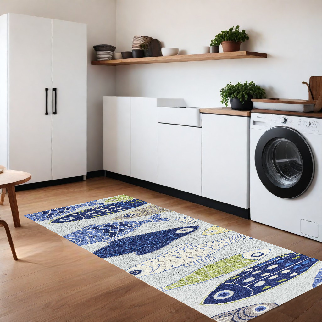 5' X 7' Blue Ivory And Green Fish Hand Hooked Area Rug-Area Rugs-DECOROLALA