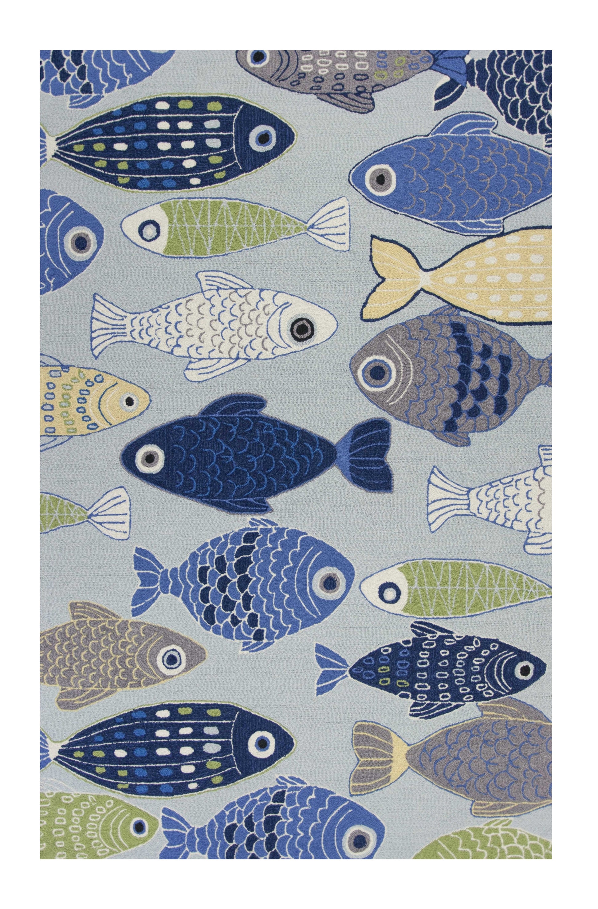 5' X 7' Blue Ivory And Green Fish Hand Hooked Area Rug-Area Rugs-DECOROLALA