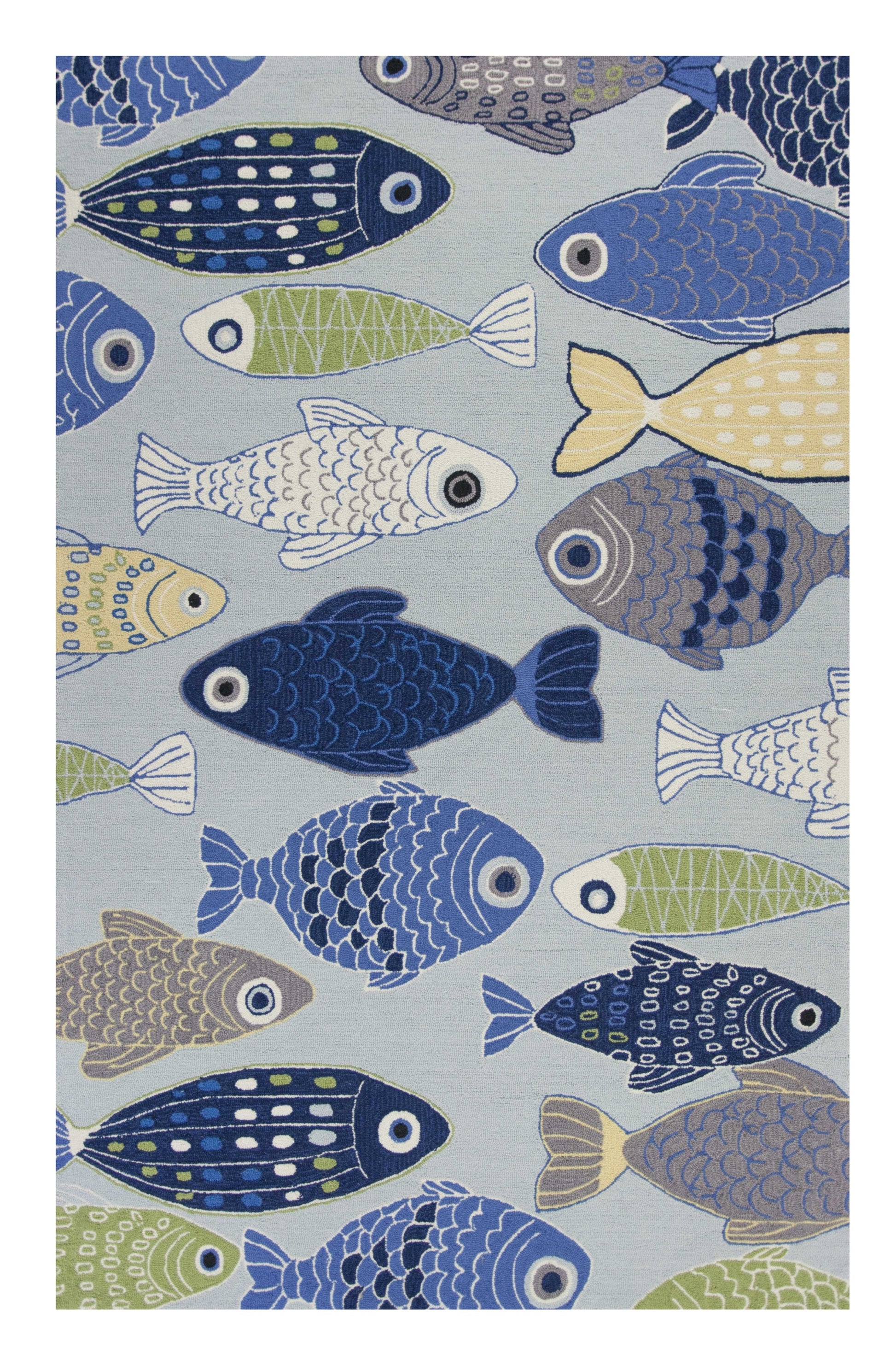 5' X 7' Blue Ivory And Green Fish Hand Hooked Area Rug-Area Rugs-DECOROLALA