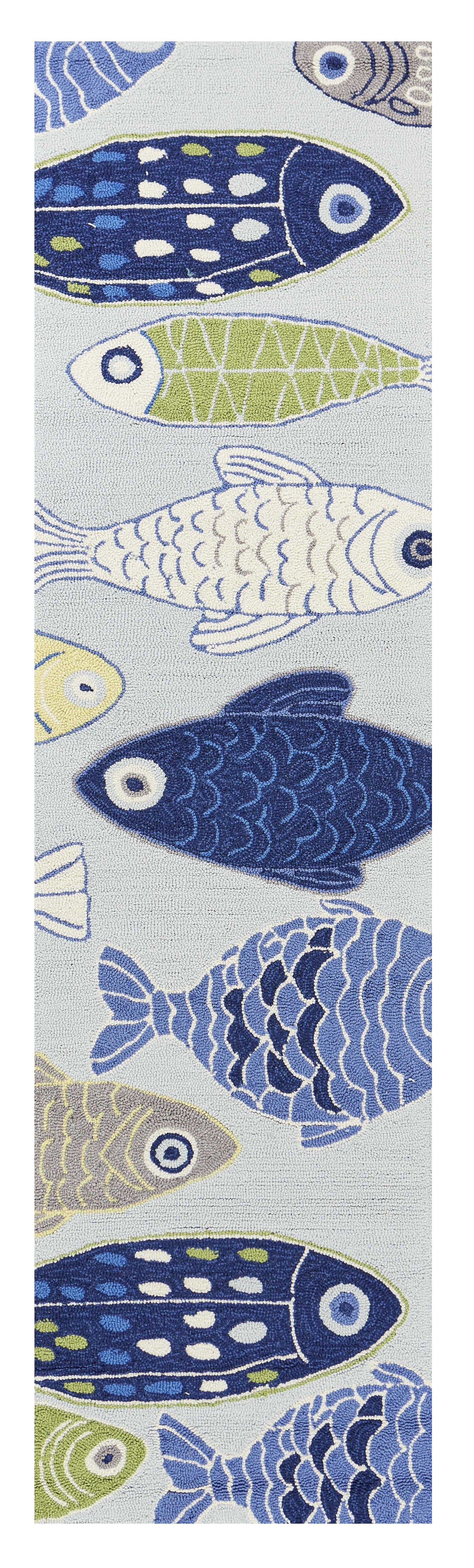 5' X 7' Blue Ivory And Green Fish Hand Hooked Area Rug-Area Rugs-DECOROLALA