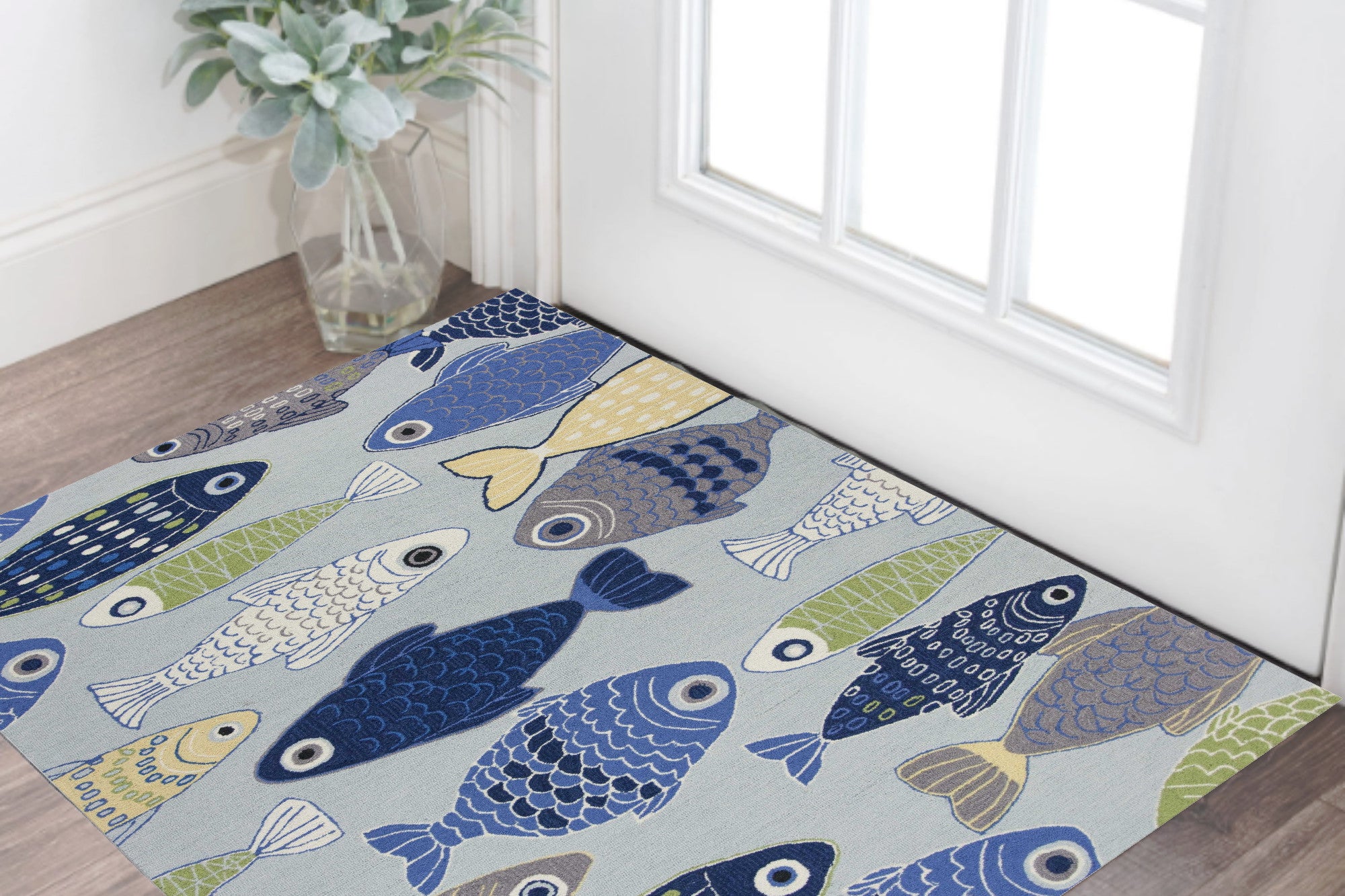 5' X 7' Blue Ivory And Green Fish Hand Hooked Area Rug-Area Rugs-DECOROLALA