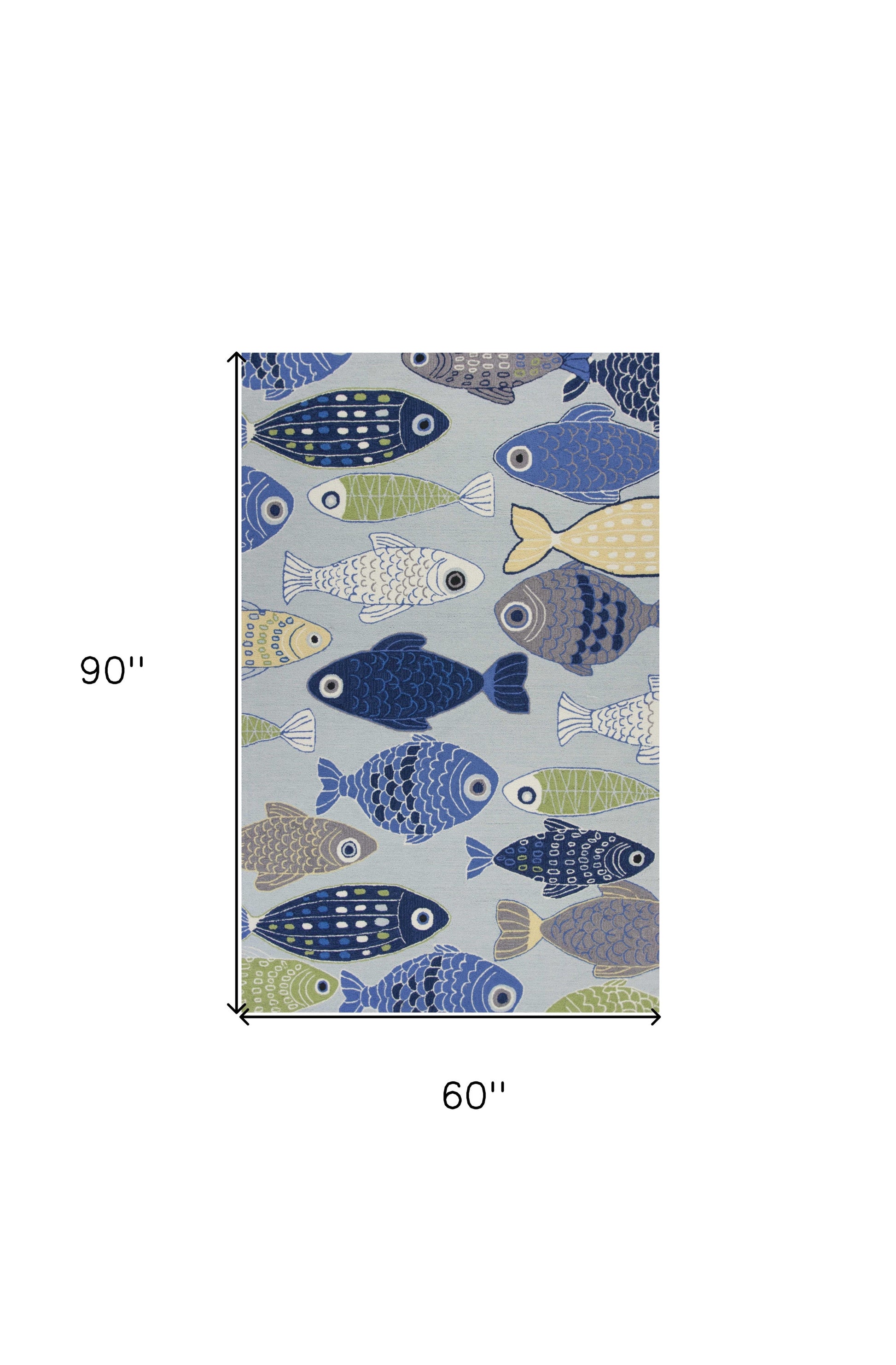 5' X 7' Blue Ivory And Green Fish Hand Hooked Area Rug-Area Rugs-DECOROLALA
