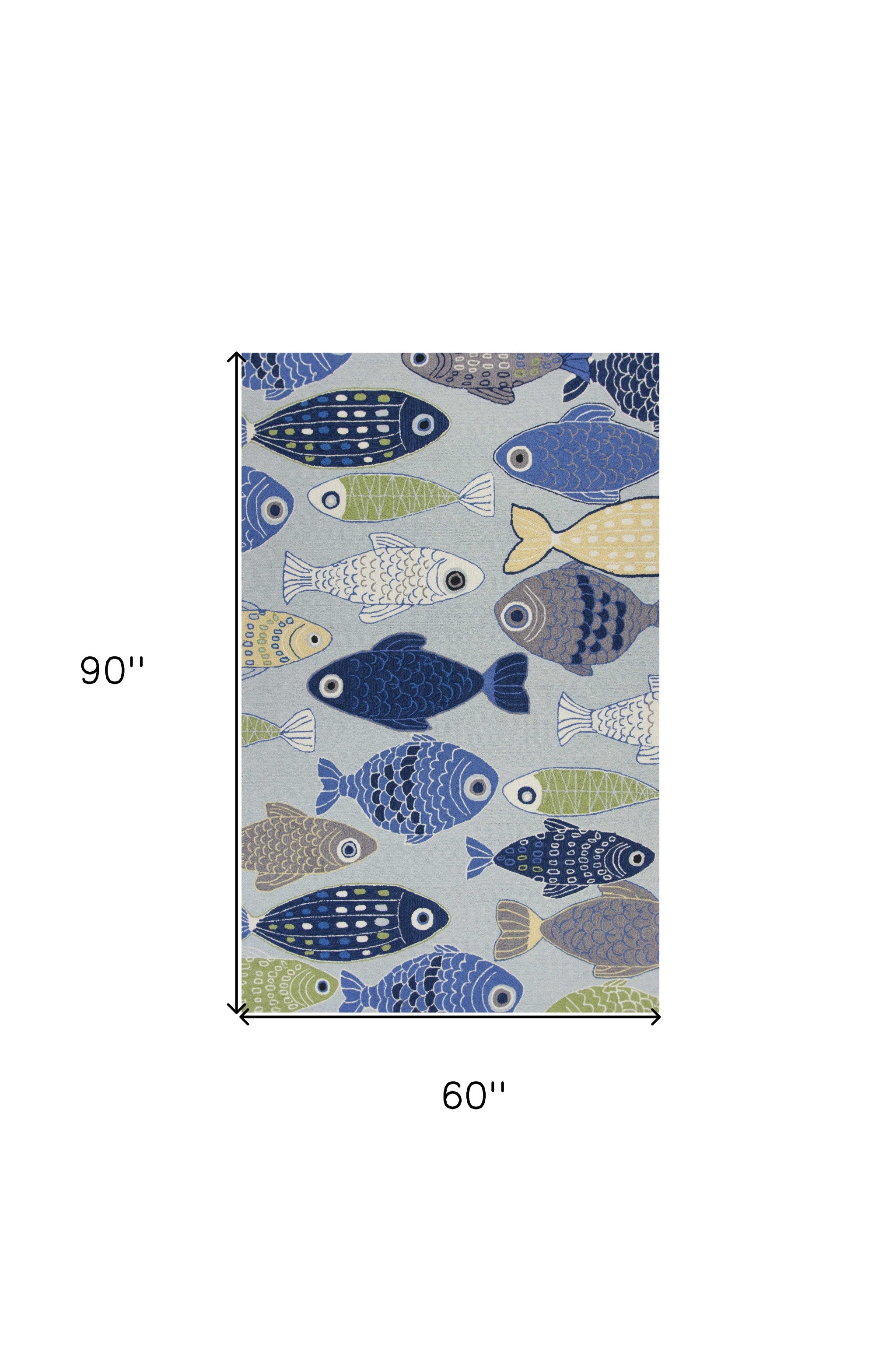 5' X 7' Blue Ivory And Green Fish Hand Hooked Area Rug-Area Rugs-DECOROLALA