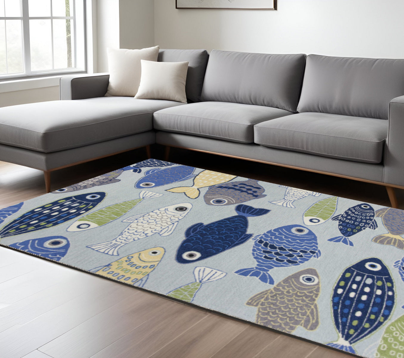5' X 7' Blue Ivory And Green Fish Hand Hooked Area Rug-Area Rugs-DECOROLALA