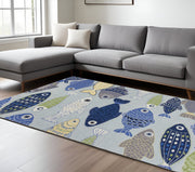 5' X 7' Blue Ivory And Green Fish Hand Hooked Area Rug-Area Rugs-DECOROLALA