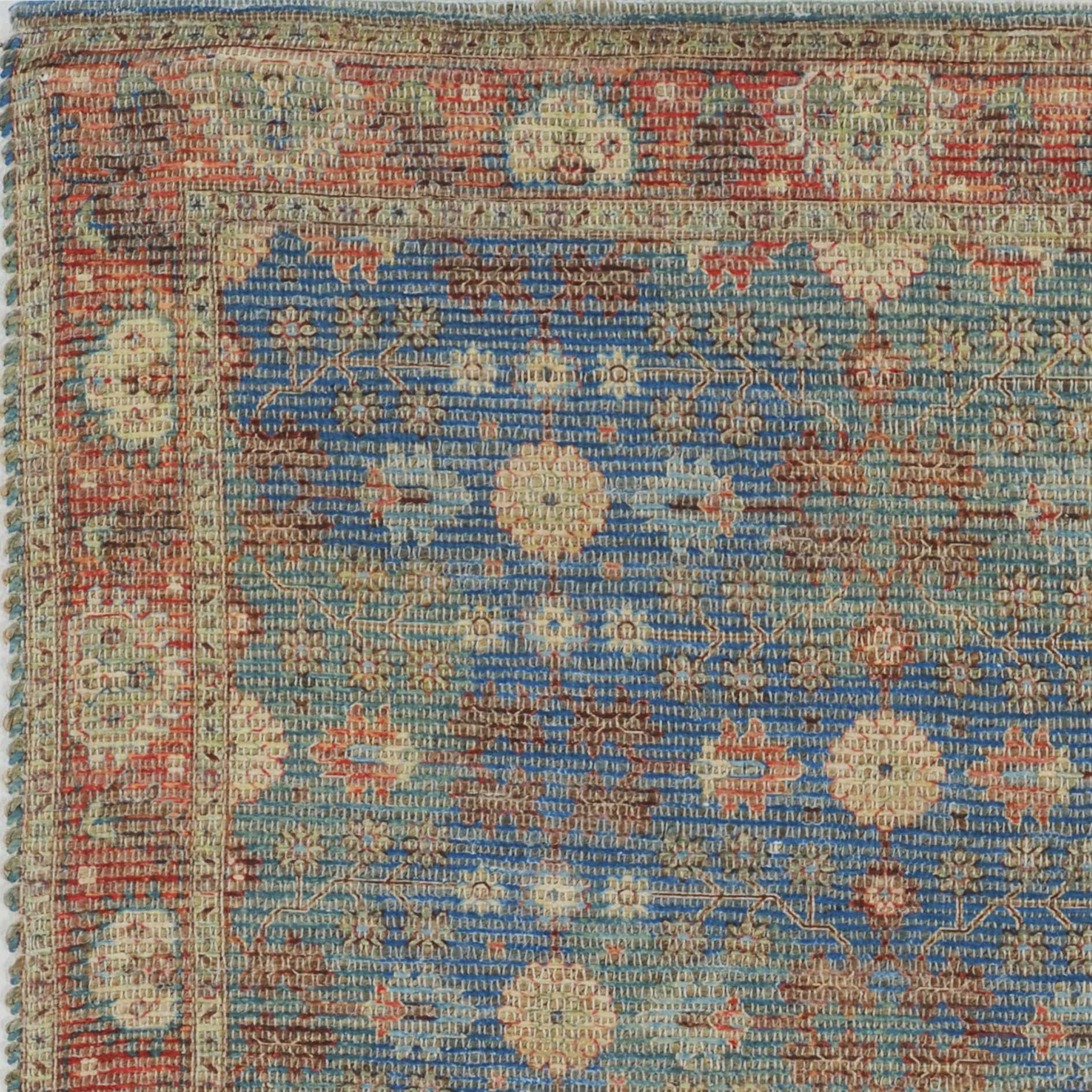 5' X 7' Blue Red And Beige Floral Medallion Hand Woven Distressed Area Rug-Area Rugs-DECOROLALA
