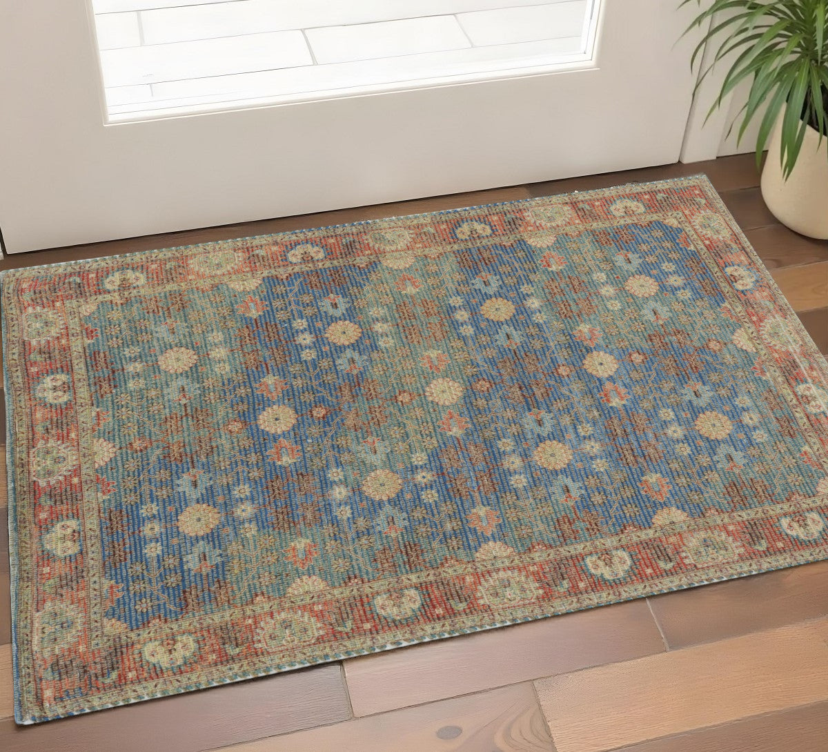 5' X 7' Blue Red And Beige Floral Medallion Hand Woven Distressed Area Rug-Area Rugs-DECOROLALA