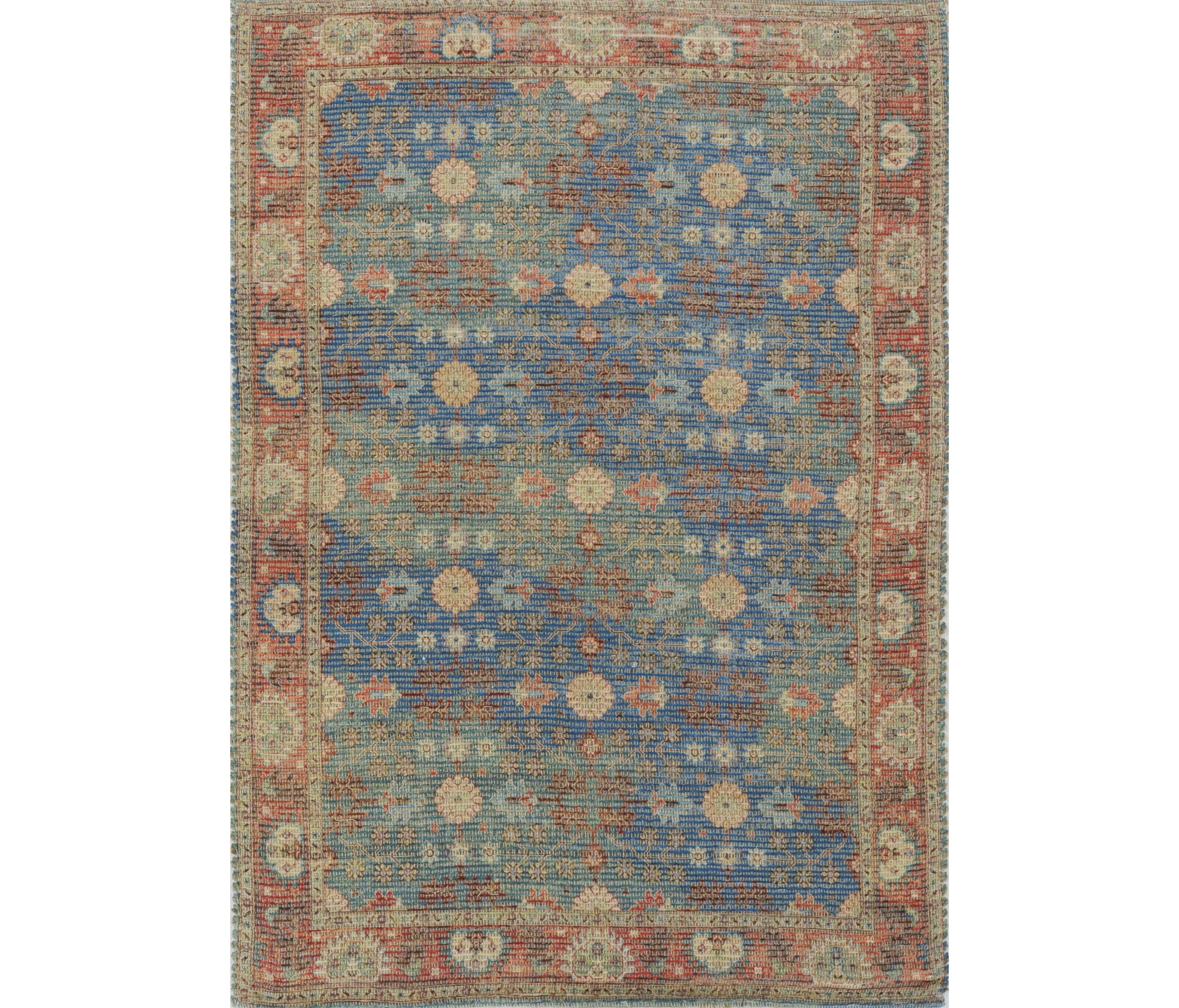 5' X 7' Blue Red And Beige Floral Medallion Hand Woven Distressed Area Rug-Area Rugs-DECOROLALA