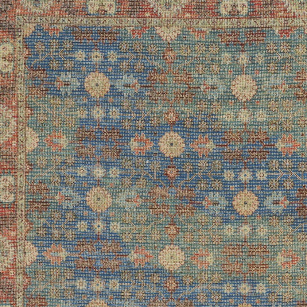 5' X 7' Blue Red And Beige Floral Medallion Hand Woven Distressed Area Rug-Area Rugs-DECOROLALA