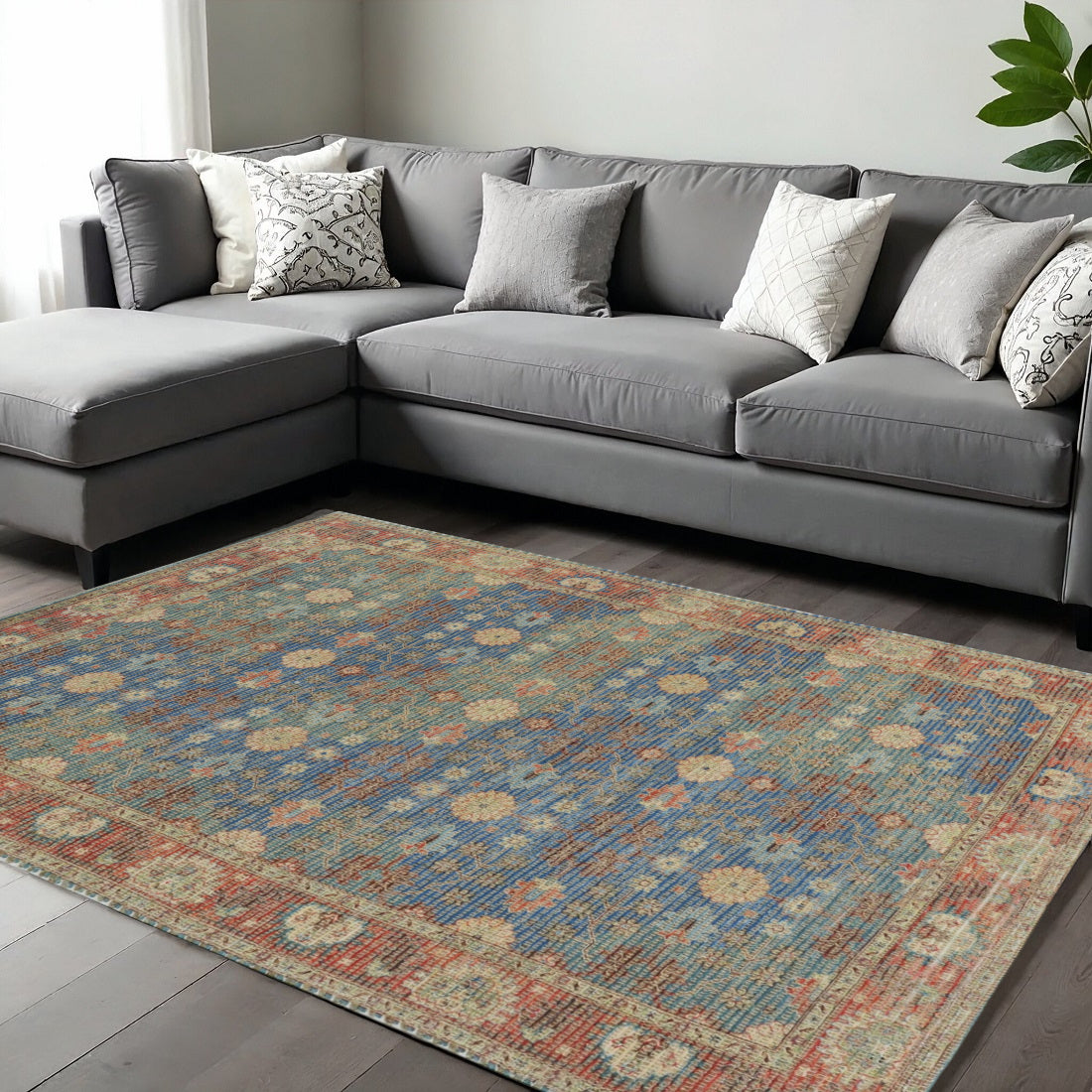 5' X 7' Blue Red And Beige Floral Medallion Hand Woven Distressed Area Rug-Area Rugs-DECOROLALA