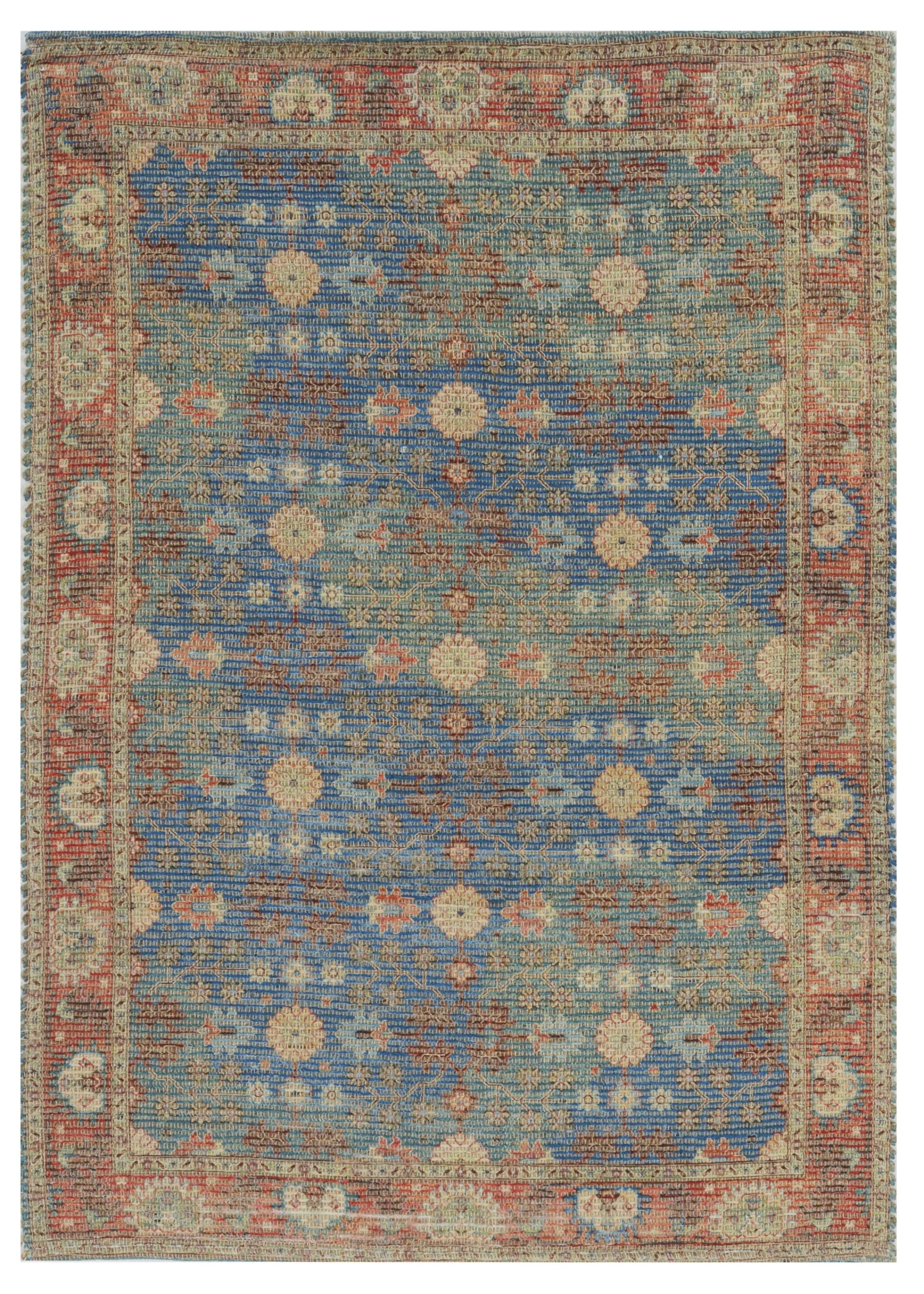 5' X 7' Blue Red And Beige Floral Medallion Hand Woven Distressed Area Rug-Area Rugs-DECOROLALA