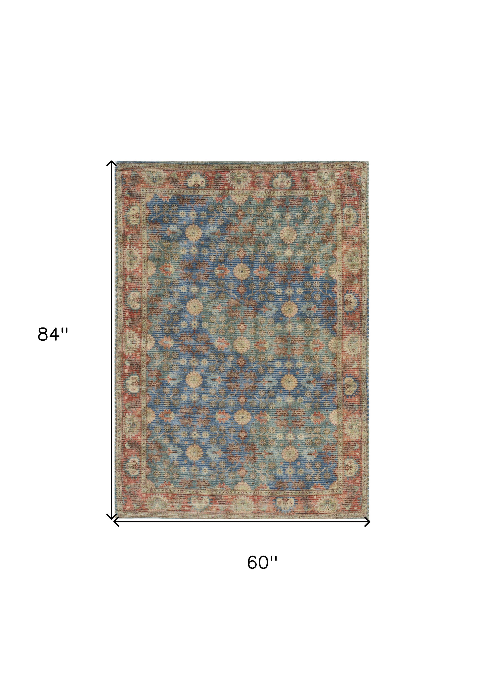 5' X 7' Blue Red And Beige Floral Medallion Hand Woven Distressed Area Rug-Area Rugs-DECOROLALA