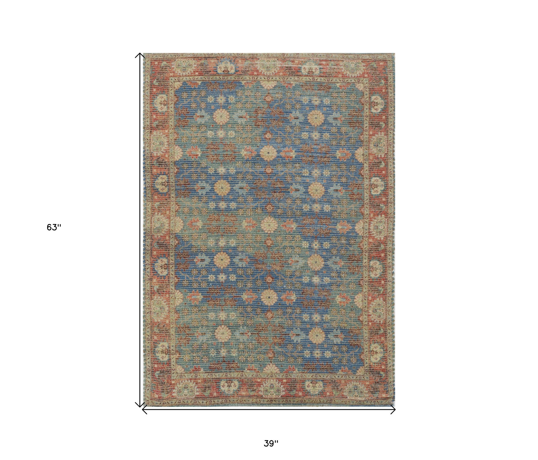 5' X 7' Blue Red And Beige Floral Medallion Hand Woven Distressed Area Rug-Area Rugs-DECOROLALA