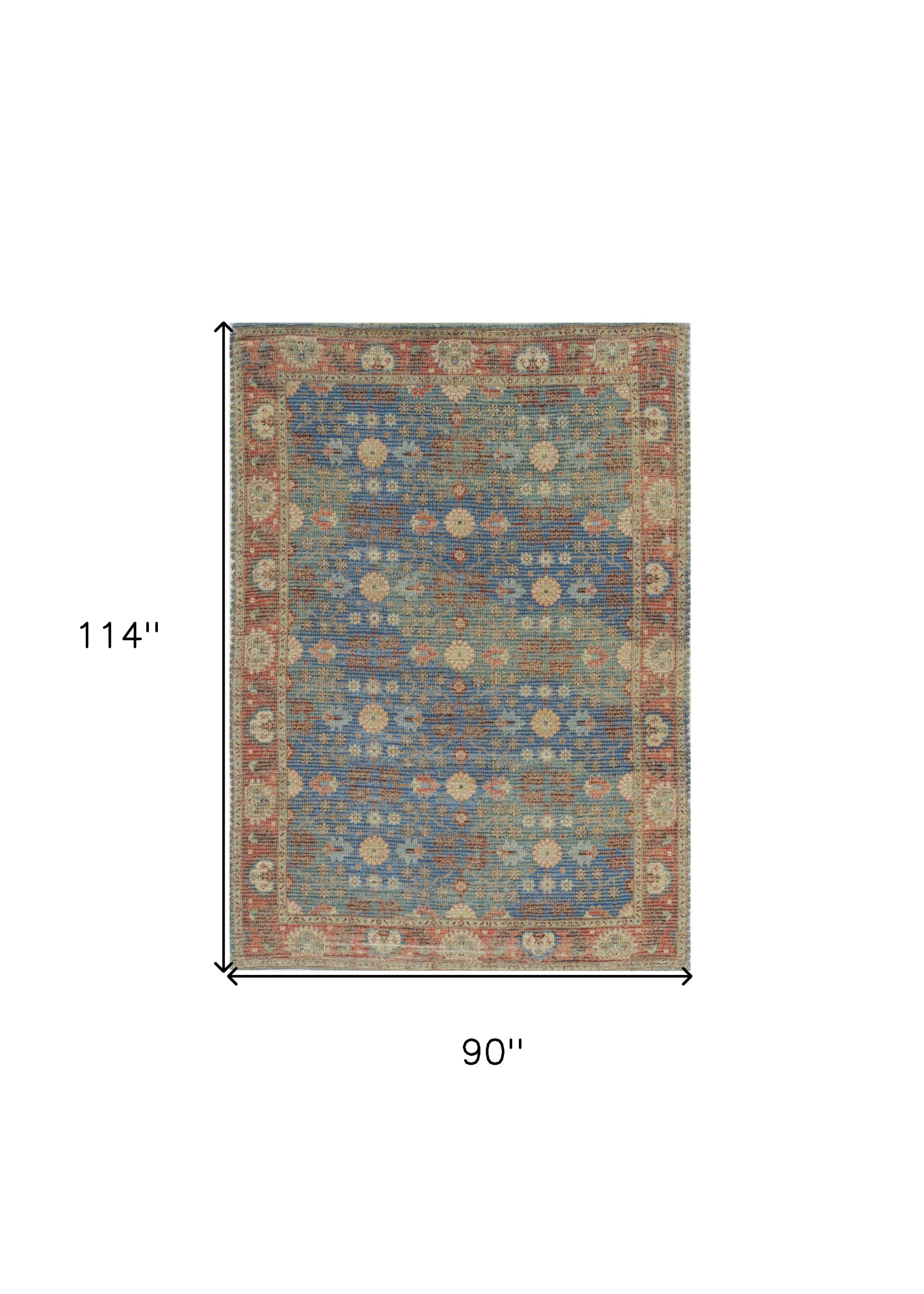 5' X 7' Blue Red And Beige Floral Medallion Hand Woven Distressed Area Rug-Area Rugs-DECOROLALA