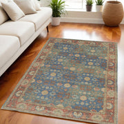 5' X 7' Blue Red And Beige Floral Medallion Hand Woven Distressed Area Rug-Area Rugs-DECOROLALA