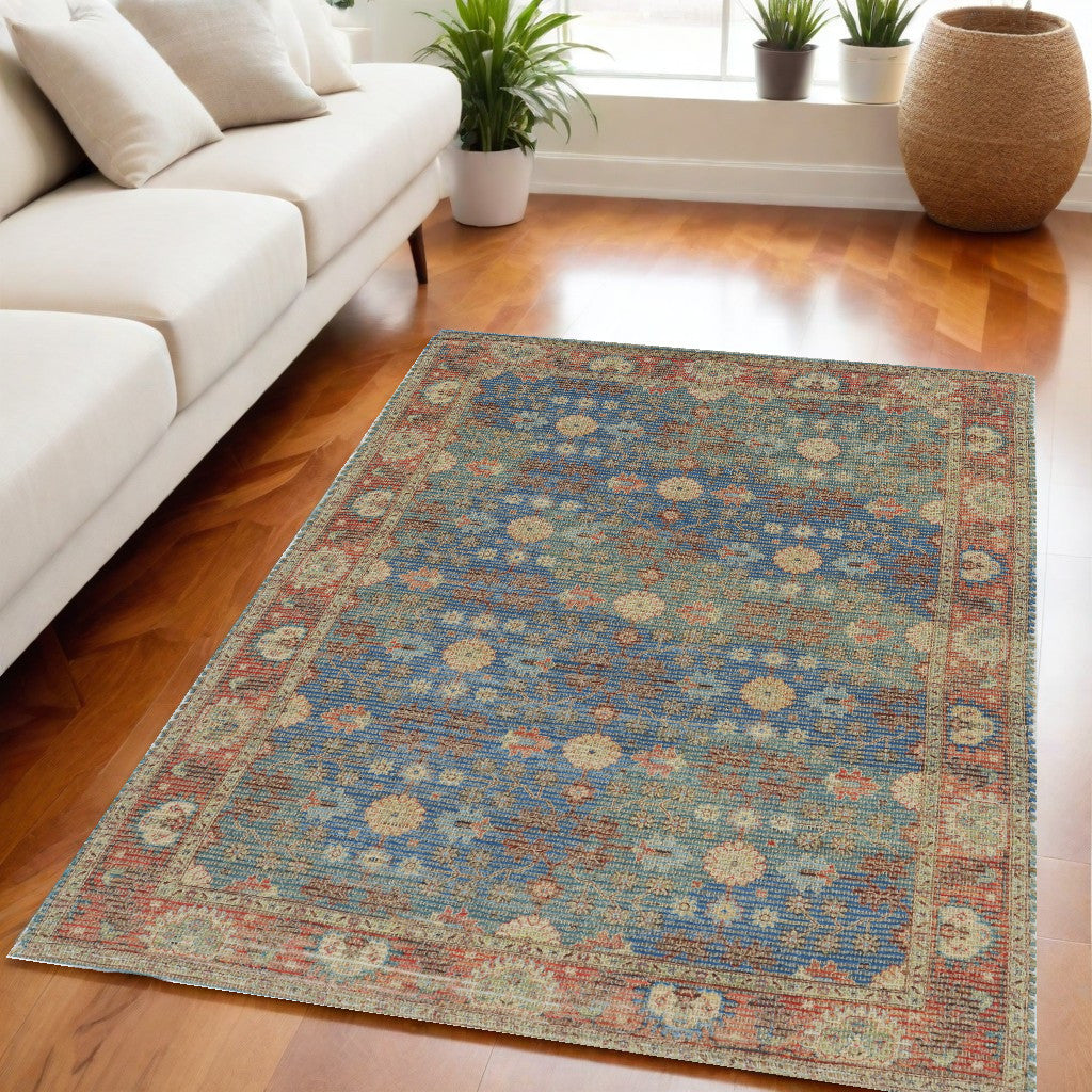 5' X 7' Blue Red And Beige Floral Medallion Hand Woven Distressed Area Rug-Area Rugs-DECOROLALA