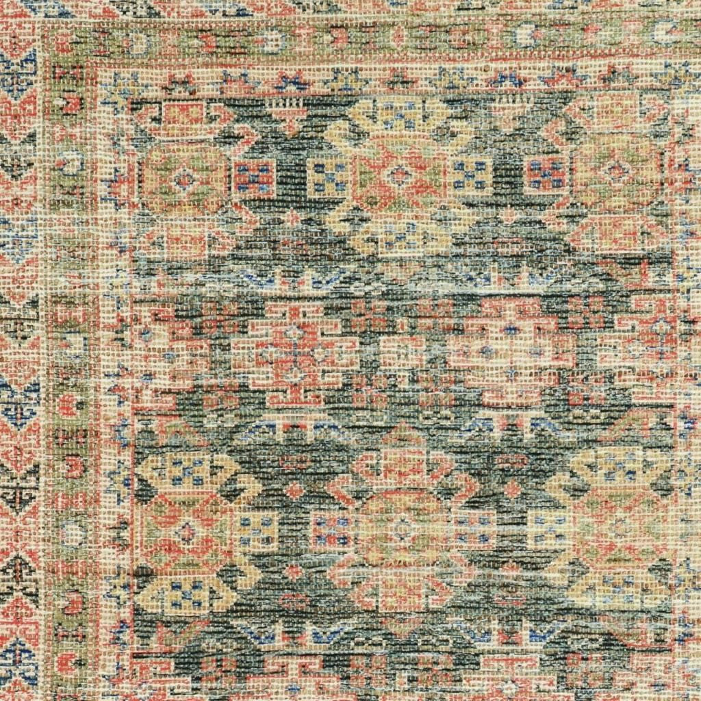 5' X 7' Brick Red Green And Brown Jute Southwestern Hand Woven Distressed Area Rug-Area Rugs-DECOROLALA