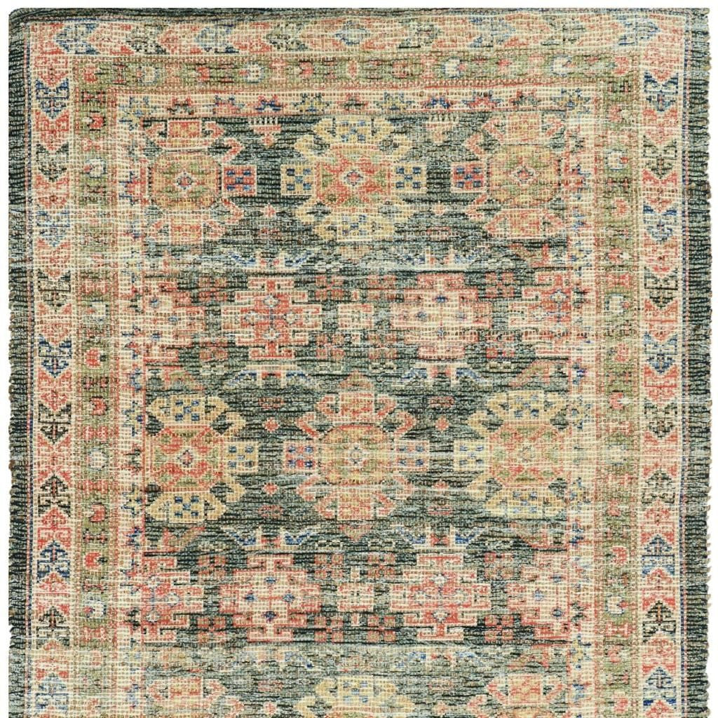 5' X 7' Brick Red Green And Brown Jute Southwestern Hand Woven Distressed Area Rug-Area Rugs-DECOROLALA