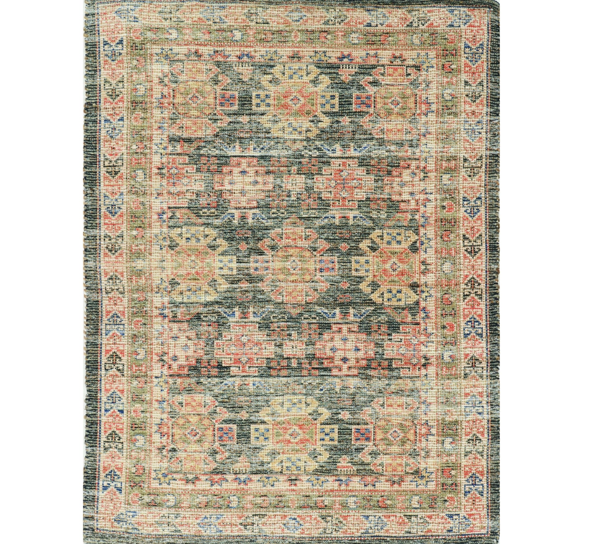 5' X 7' Brick Red Green And Brown Jute Southwestern Hand Woven Distressed Area Rug-Area Rugs-DECOROLALA